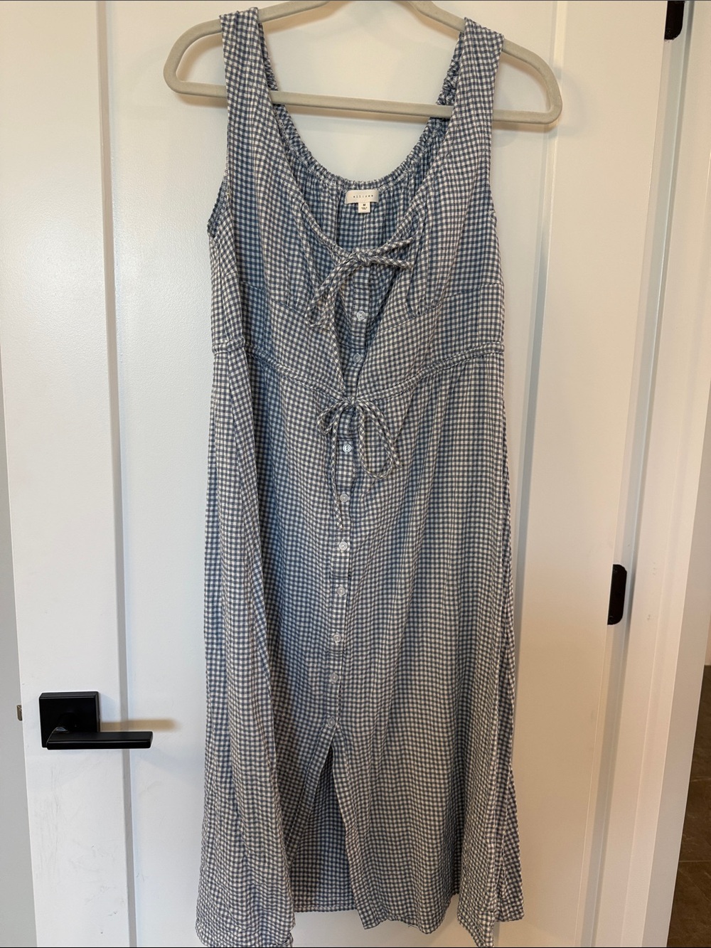 All:Row Blue Gingham Button-Front Midi Dress with Tie Details